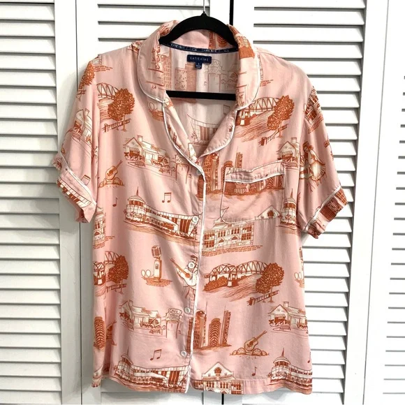 KATIE KIME Pink PJ Set Button Top & Shorts Nashville Johnny Cash & June Sz L - Picture 2 of 15